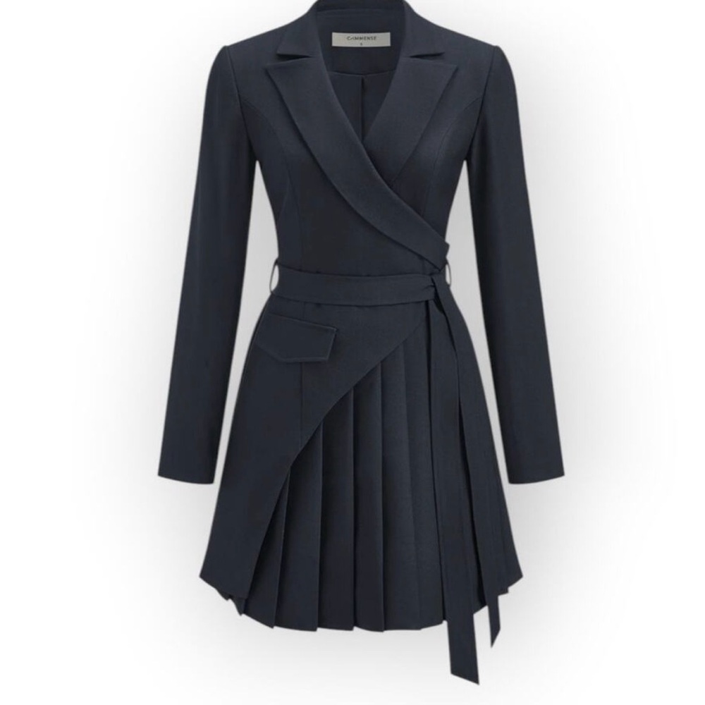 Commense Tailored Pleated Wrap Dress - Navy